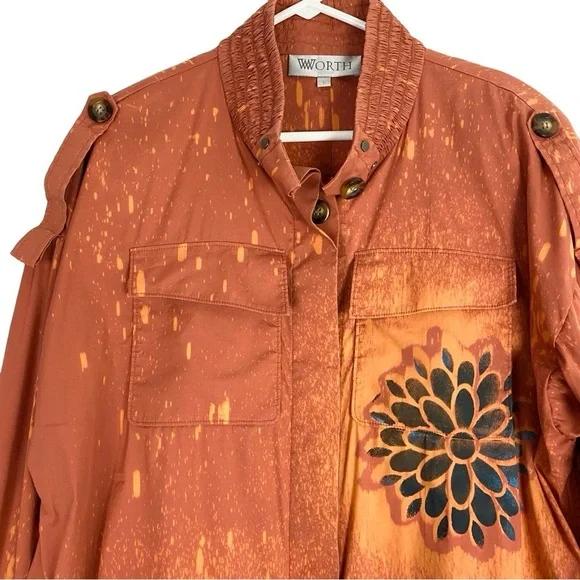 Vintage Upcycled Jacket Womens Size Large Handmade Stencil Floral Orange Brown - Picture 3 of 16